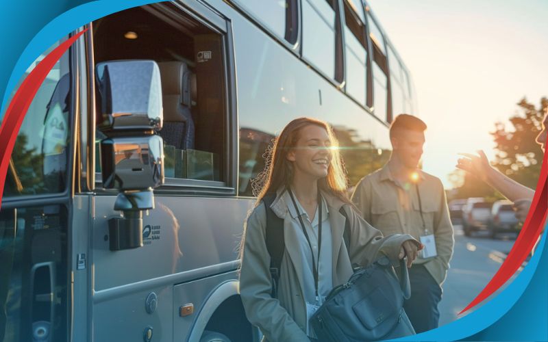 corporate employees standing and smiling in front of a coach, budget-friendly coach hire, May 2024, UK